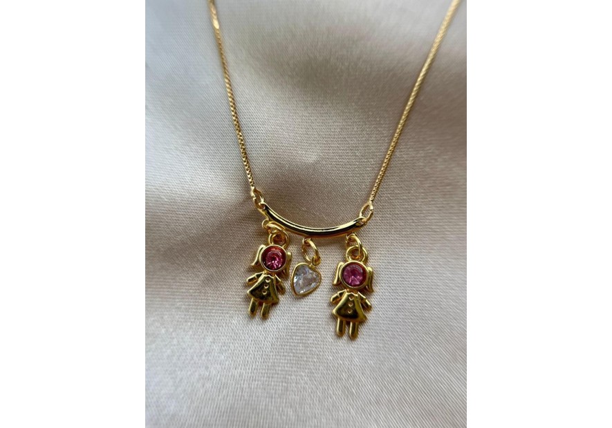 COLAR DUAS FILHAS CRISTAL ROSA