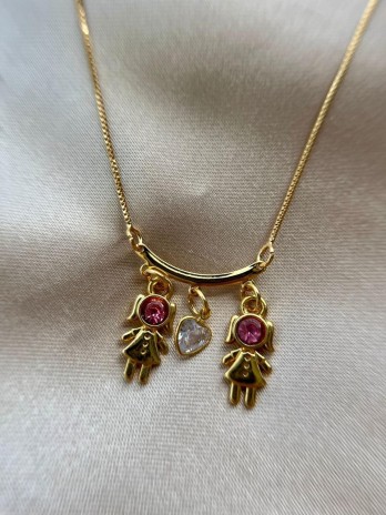 COLAR DUAS FILHAS CRISTAL ROSA
